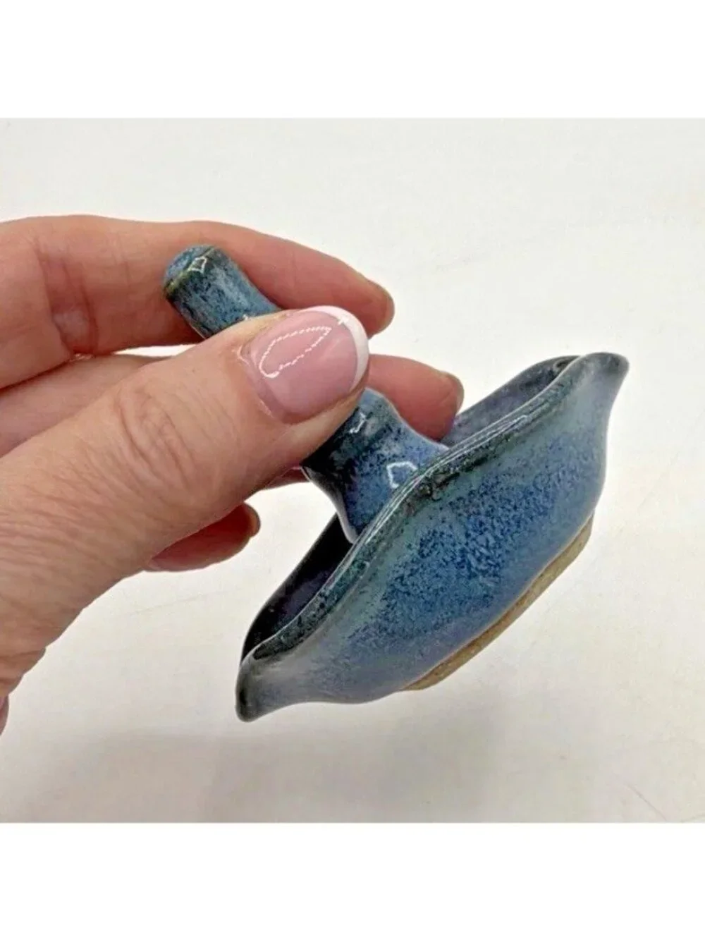 Vintage Studio Pottery Ring Holder Dish Blue Gray Glazed Ruffled Edge Signed